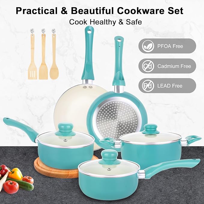 Pots and Pans Set Nonstick, 11pcs Kitchen Cookware Sets Induction Cookware, Ceramic Non Stick Cooking Set, Stay Cool Handle & Bamboo Kitchen Utensils, 100% PFOA Free, Turquoise