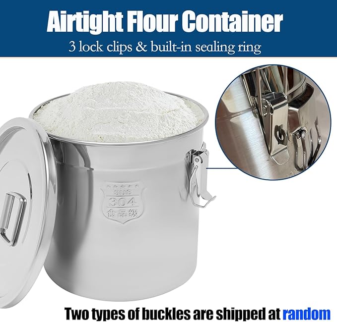 304 Stainless Steel Airtight Canister for Kitchen, 5.55 Gal Canisters Container with Lids and Sturdy Locking Clamp, Metal Food Storage Containers for Flour Grain Coffee Bean, 21L