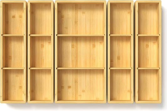 5 pieces Bamboo Drawer Organizer, Adjustable 3 Individual Junk Drawer organizer for Bathroom and Kitchen, Wood Drawer Organier Boxes for Jewellery, Make up and Tea Bag