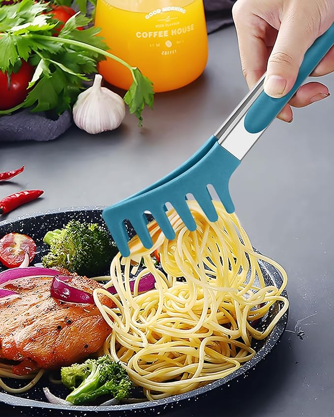 Spaghetti Spoon and Pasta Tong, Non-stick Silicone Spoon Server Fork With Teeth and Stainless Steel Handle, Food Clip for Noodles (Blue)