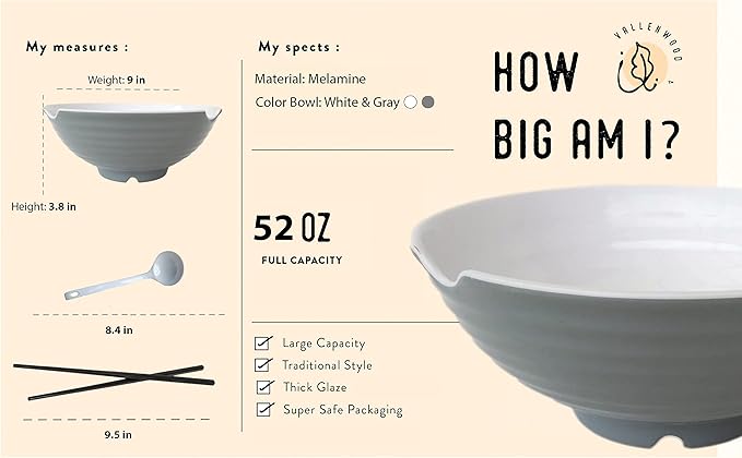 4 XL Gray White bowl set, 12 Pieces Ramen Bowls. Asian Japanese soup with Spoons and Chopsticks. Restaurant Quality Melamine, Large 52 oz for Noodles, Pho, Udon, Thai, Chinese dinnerware, 9 inch
