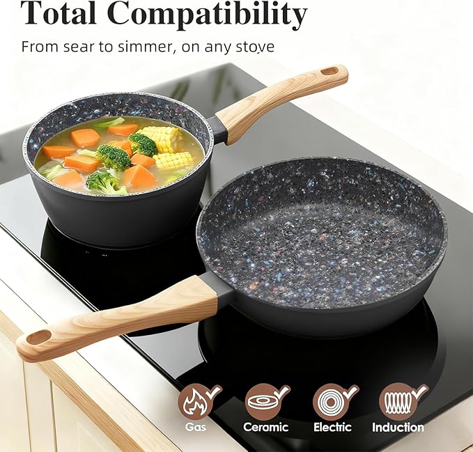 2-Piece Nonstick Cookware Set, 8.5 Inch Frying Pan & 1.43QT Saucepan with Lid | PFAS & PFOA Free Non-Toxic Coating | Induction Compatible, Dishwasher Safe | Pots and Pans Set for Beginner Kitchen