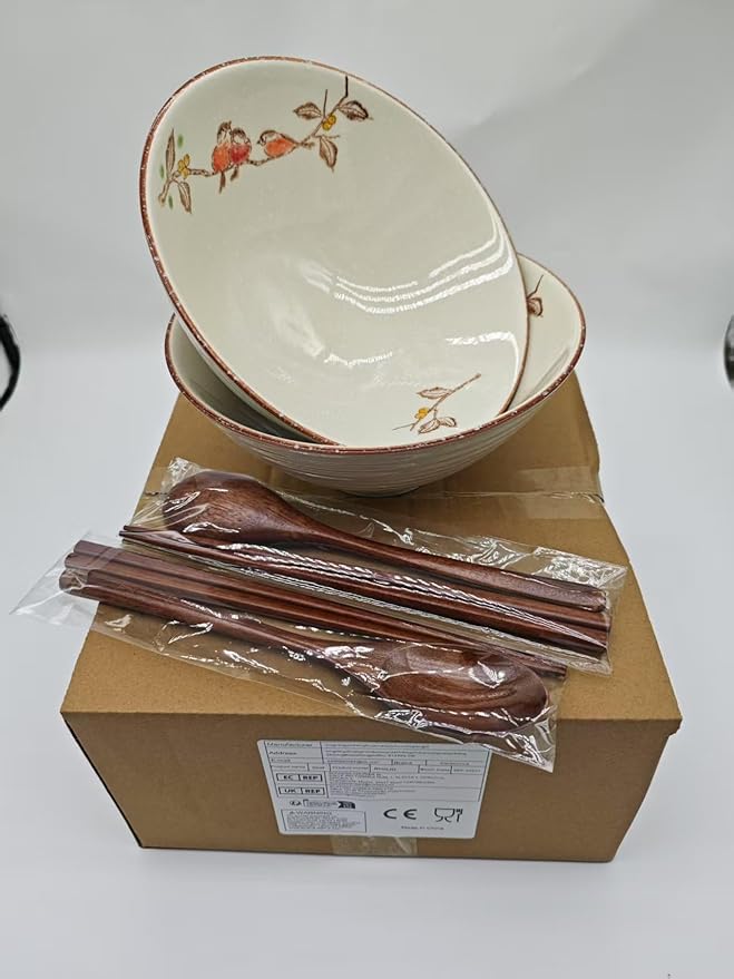2 x 40 OZ ceramic ramen bowls, 8 IN large Japanese noodle soup bowl, match chopsticks and spoons, suitable for Pho, Udon Asian noodles (Flowers and birds 2 set)