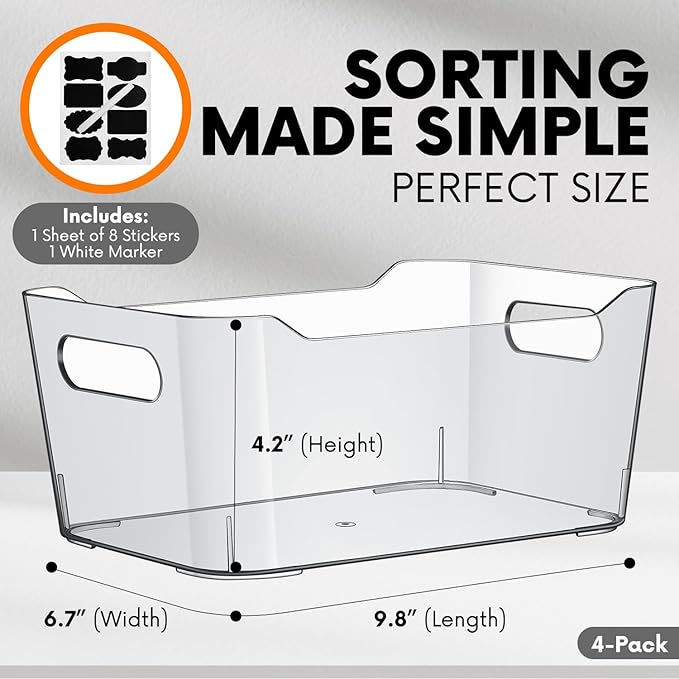 Clear Plastic Storage Bins, Perfect for Kitchen Organization or Pantry Organizers and Storage, Refrigerator Freezer Fridge Organizer Storage Containers Bin for Organizing Medicine Cabinet Organizer