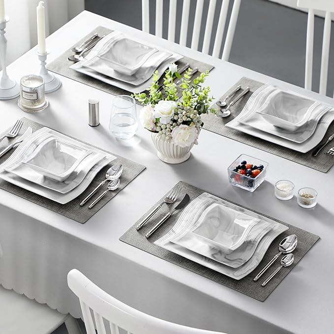 MALACASA Plates and Bowls Sets, 12 Pieces Modern Porcelain Dinnerware Sets for 4, Marble Dishware Set Kitchen Dining Ware Set, Square Ceramic Dish Set, Microwave and Dishwasher Safe, Series Flora