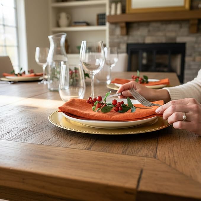 Hemstitched Linen Napkins – 20 Inch x 20 Inch – Stonewashed Pure Linen Cloth Dinner Napkins with Mitered Corners - 100% French Flax – Machine Washable - Set of 4 (Sunset Orange)