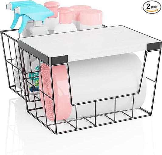 Trash Bag Holder Dispenser 2-Pack, Under Sink Organizer with Wood Lid & Wall Mount, Large Capacity for 13 Gallon Kitchen Trash Bags, Plastic Bag Storage for Laundry Room and Pantry Organization