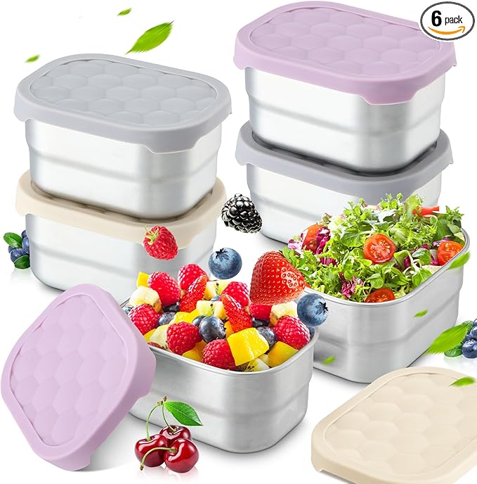 Layhit 6 Pcs Stainless Steel Snack Containers for Kids, 8 oz Lunch Containers with Silicone Lids Small Reusable Metal Food Box for Child Daycare School Home Storage Supplies(Stylish Color)