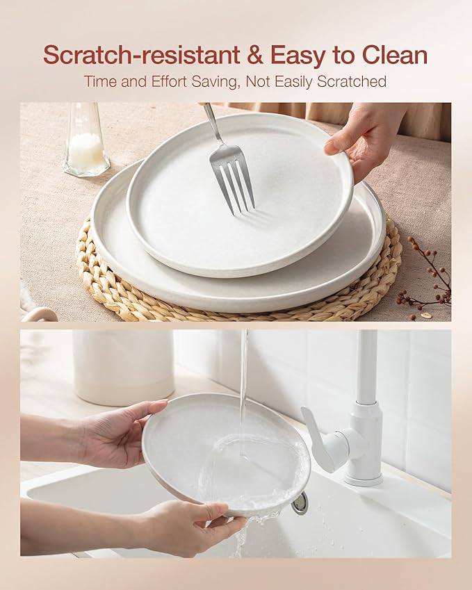 Famiware Milkyway Plates and Bowls Sets, 12 Pieces Dinnerware Sets, Reactive Glaze Dish Set, Stoneware Dishes Set for 4, Matte White & Light Pink