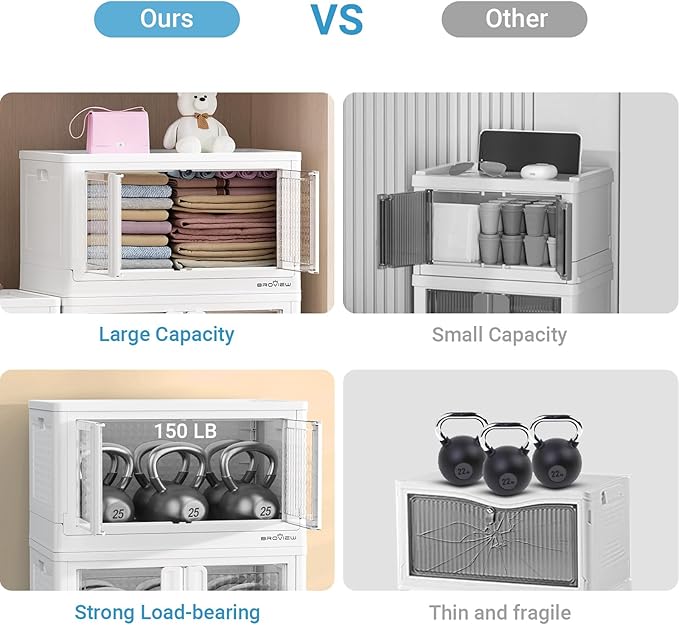 BROVIEW 400Qt Stackable Storage Bins with Lids, 100Gal Closet Organizers and Storage Drawer, Plastic Collapsible Storage Bins with Doors, Heavy Duty Store Box Cabinet for Home Kitchen, 4Pack White