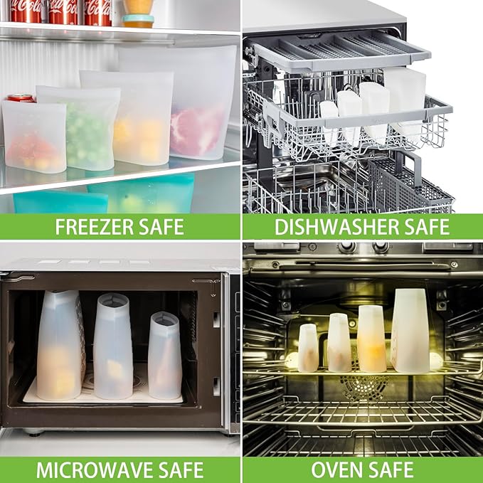 Reusable Storage Bag, 8 Pack 100% Silicone Food Storage Bags Stand Up Zip Lock Bags for Food, Freezer Microwave Oven Dishwasher Safe, 2 X-Large(0.8 Gallon) 2 Medium 2 Small 2 X-Small, Translucent