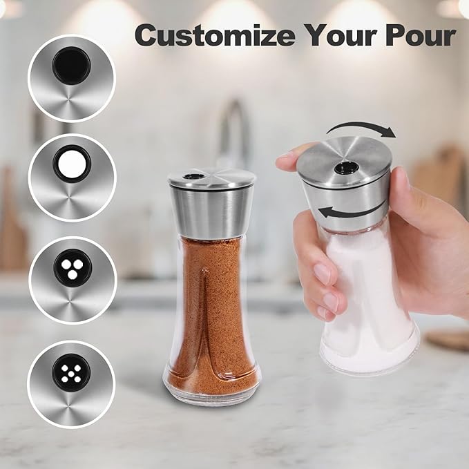 Glass Salt Pepper Shaker Set - 4 OZ Salt Shaker with Adjustable Pour Holes for Kitchen, Cooking, and BBQ Use