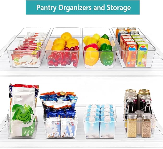 Set of 4 Clear Fridge Organizer Bins,2 Pack Stackable Refrigerator Organizer And 2 Pack Pantry Organizers and Storage with 3 Dividers,BPA-Free Spice Organization for Kitchen Cabinet