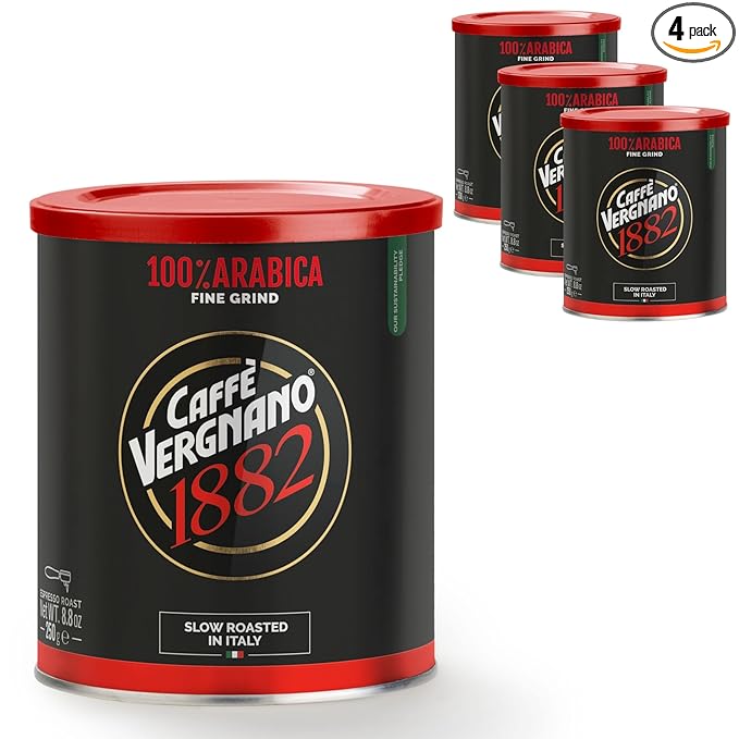 Caffè Vergnano Italian Finely Ground 100% Arabica Espresso Coffee, 4 Pack – Intensity 6, Delicate & Subtly Fruity Blend, Slow Roasted with Notes of Milk Chocolate, Caramel & Nuts, 8.82 oz Tin
