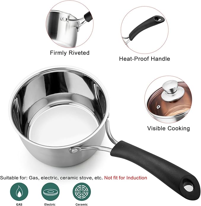 TeamFar 1qt & 2qt Saucepan with Lid, Stainless Steel Small Cooking Pot, Milk Sauce Pan with Long Handle for Home Kitchen, Non-Toxic & Heavy-Duty, Multi-use & Dishwasher Safe