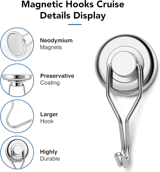 LOVIMAG Hooks, 110lbs+ Magnetic Magnet Hook 2025 Cruise Cabin Ship Essentials Heavy Duty Strong Refrigerator Fridge Hanging for Classroom Beach Vacation Kitchen Grills Home Mug Hanger (8 Pack), Silver