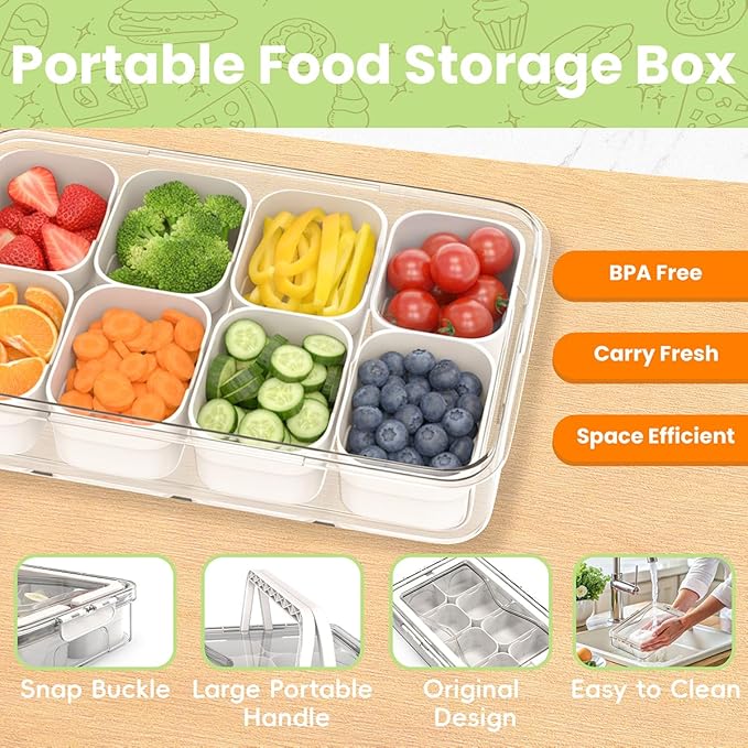 Snackle Box Container 12 Compartments, 2pack Box Characuterie Container with Compartments, Large Portable Divided Snack Serving Tray with Lid & Handle, Stackable Food Containers(White)