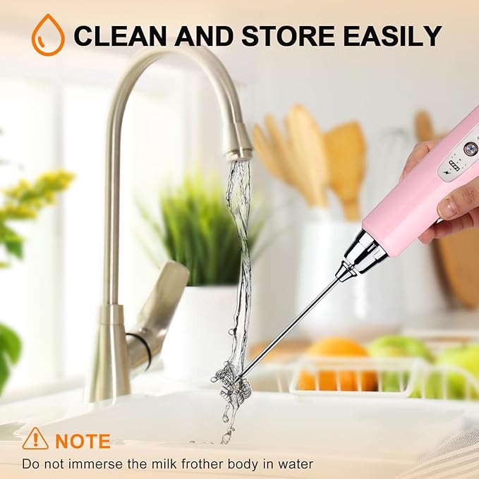 YUSWKO Pink Handheld Milk Frother Wand with Stand for Coffee, Rechargeable Electric Whisk with 3 Heads 3 Speeds Drink Mixer Coffee Frother For Latte, Cappuccino, Hot Chocolate, Egg
