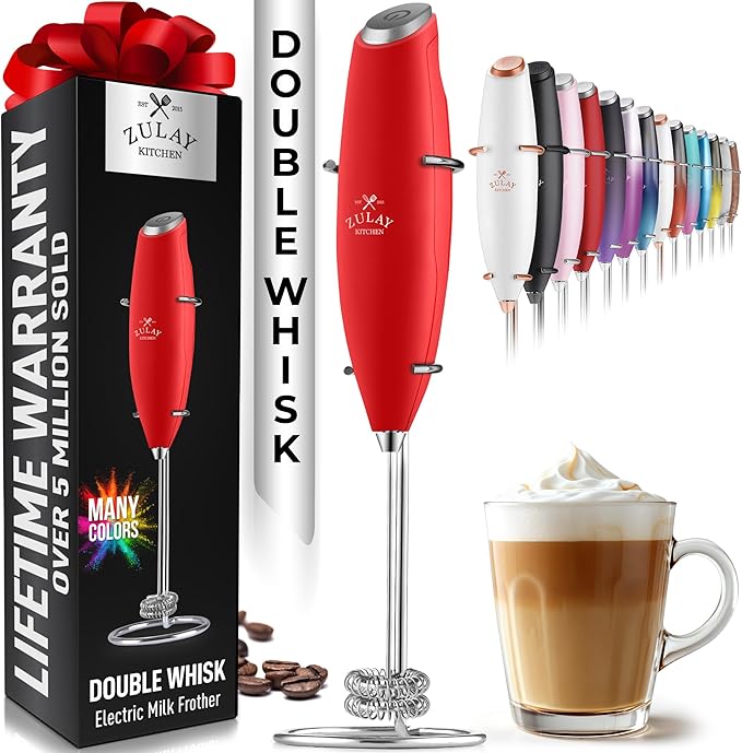 Zulay Kitchen Powerful Double Whisk Milk Frother Handheld - Foam Maker With Stand - Whisk Drink Mixer for Coffee, Mini Foamer for Latte, Matcha, Frappe, Hot Chocolate & Cappuccino (Cardinal Red)