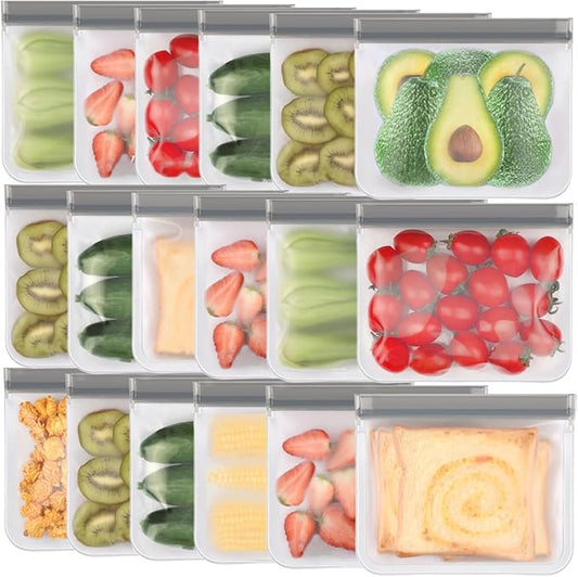 Lerine 18 Pack Reusable Sandwich Bags Dishwasher Safe, BPA Free Food Storag Bags, Extra Thick Leakproof Reusable Quart Freezer Bags for Cereal, Lunch, Vegetables, Fruits (Gray, 18Sandwich)