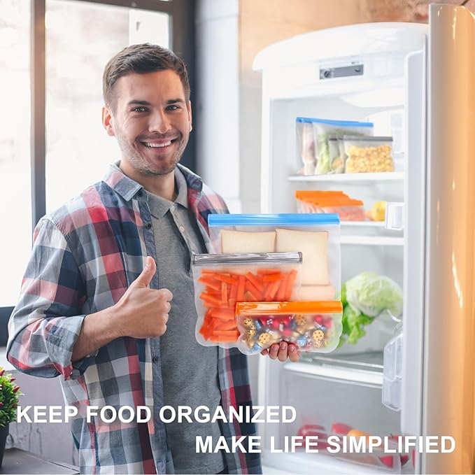 Lerine 14 Pack Reusable Gallon Freezer Bags Dishwasher Safe, BPA Free Reusable Freezer Bags 1 Gallon, Leakproof Food Storage Bags for Meal Prep, Fridge Kitchen Organization (Gray, 14Gallon)