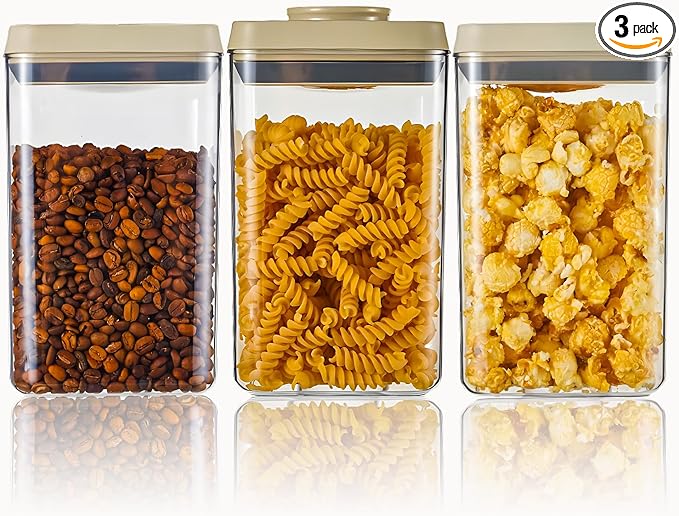 Airtight Food Storage Containers with Pop-Top Lids, 3 Pcs Stackable Plastic Canisters for Kitchen Pantry Organization, BPA-Free, Ideal for Cereal, Snack, Flour, Sugar, and Dry Food, 1.54qt*3