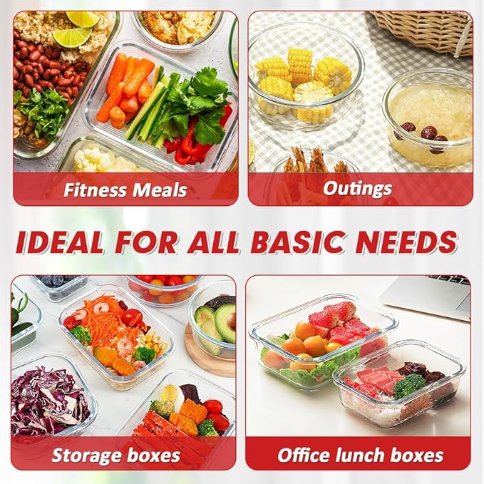 VERONES 12 Packs Glass Food Storage Containers Set, Airtight Glass Lunch Containers, Glass Meal Prep Containers with Lids,Exclusive of BPA, for Microwave, Oven, Freezer & Dishwasher Friendly,Red