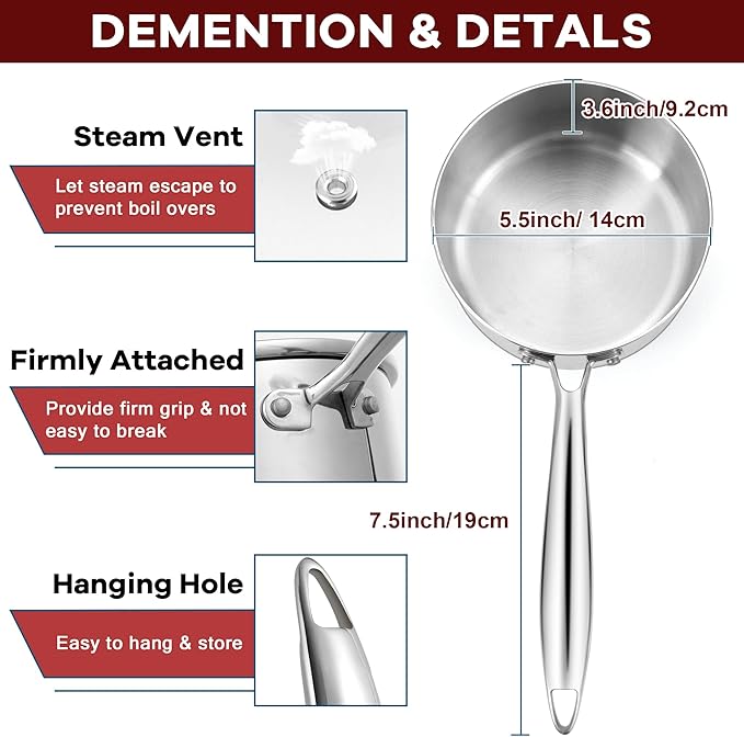 Homikit 1 Quart Saucepan, Tri-Ply Stainless Steel Sauce Pan with Lid, 1QT Small Induction Cooking Pot with Ergonomic Handle, Small Pan for Making Sauce, Warming Milk, Boiling Eggs, Dishwasher Safe