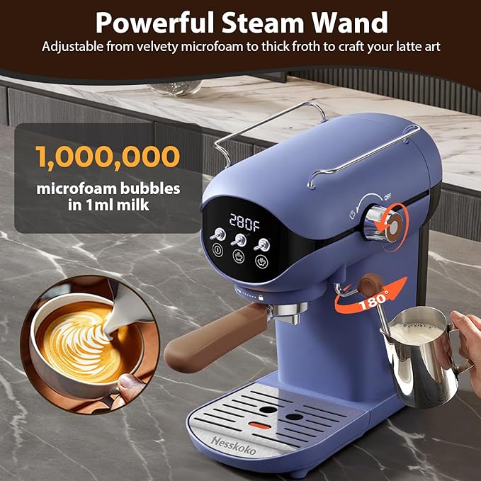 Espresso Machine with Steam Milk Frother Semi Automatic 20 Bar Compact Blue with Toggle Switch for home Cafetera Espresso, Latte, Cappuccino, Americano, Macchiato