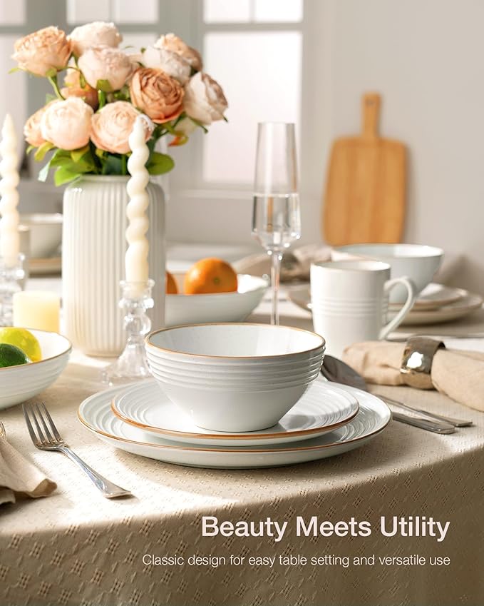 Famiware Jupiter Dinnerware Set, Plates and Bowls Dish Sets for 4 (12 Pieces), Microwave and Dishwasher Safe Stoneware Speckled Tableware, Chip and Scratch Resistant, White