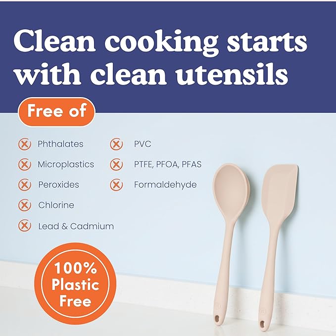 Non-Toxic Platinum Silicone Kitchen Utensil Set of 8 – Non-Scratch Cooking Spoons & Spatulas, 100% Plastic Free, Stainless Steel Core, Heat Resistant 500°F, Beige