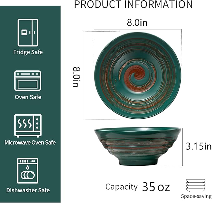 YUN TAO Ceramic Ramen Bowls Set of 4, 35 oz Large Japanese Style Serving Bowls for Salad,Udon, Soba, Pho Pasta, Asian Soup Noodle,Suitable as Housewarming Gifts