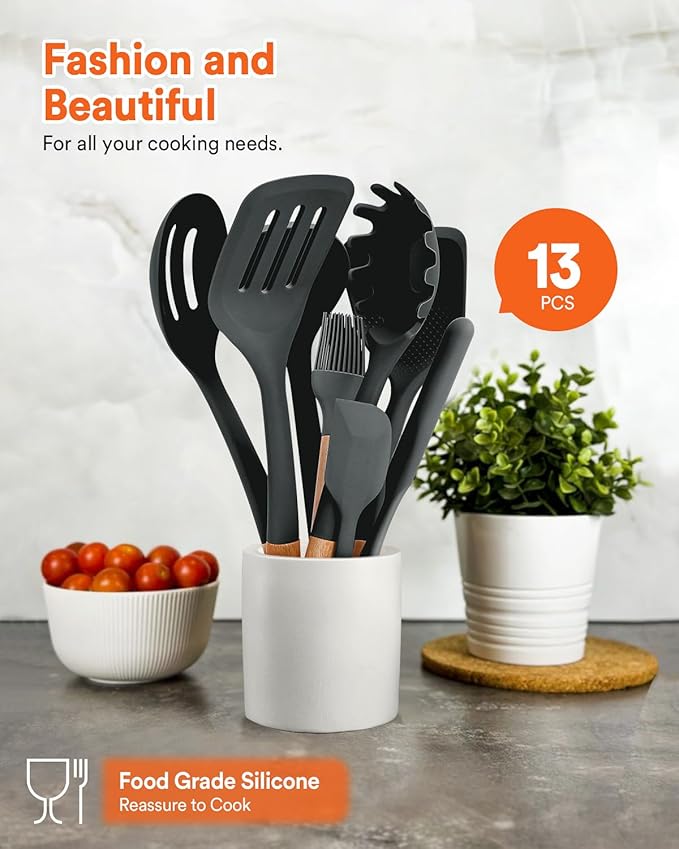 Kitchen Utensils Set, 13PCS Silicone Cooking Utensils, Heat Resistant Kitchen Utensil Spatula Set for Nonstick Cookware, Wooden Handles Kitchen Gadgets Tools Set