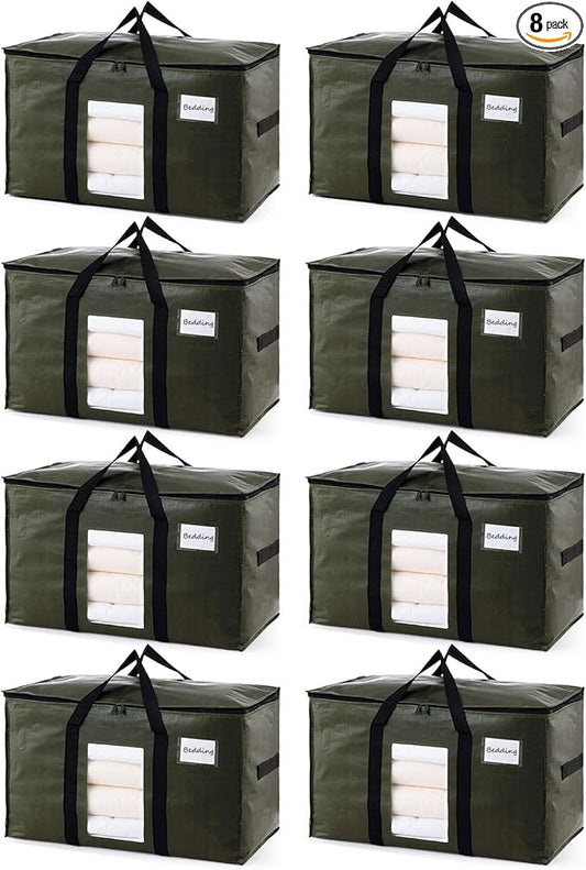 TAILI 8 Pack Green Extra Large Storage Bags, Heavy Duty Totes with Visible Window, Wrap Around Handles, Perfect for Moving
