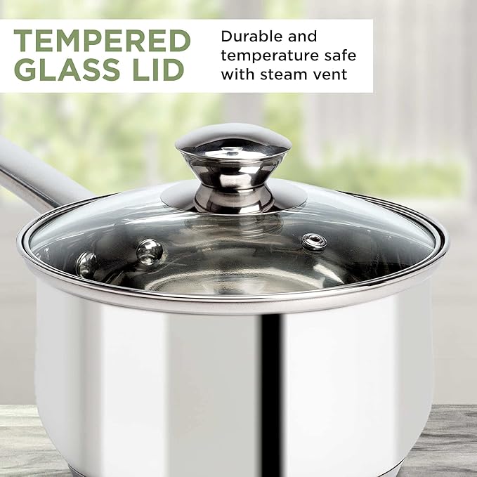 Ecolution Stainless Steel Sauce Pan, Encapsulated Induction Ready Cooking Pot with Glass Lid, Oven Safe, Dishwasher Safe Soup Pot, 2-Quart