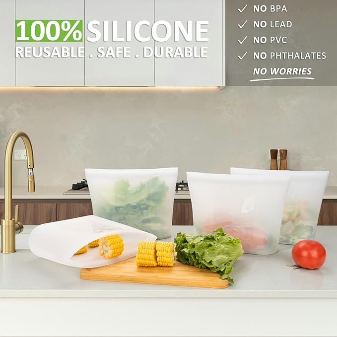 Reusable Food Storage Bags Half-Gallon, 4 Pack 100% Silicone Food Storage Bags Stand-Up Wide-Mouth Zip-Lock for Large Items, 67 fl.oz/2000 ml, Freezer Microwave Oven Dishwasher Safe, Translucent