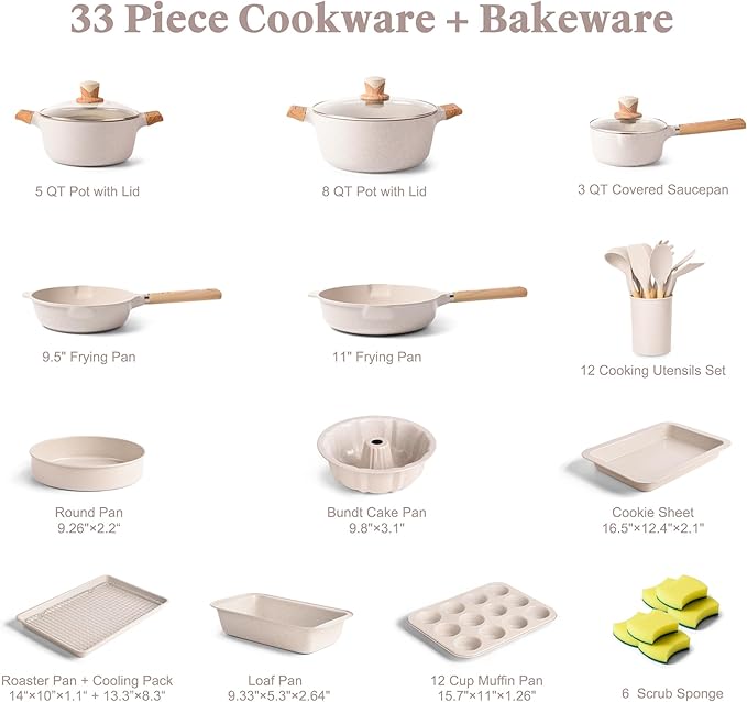 Pots and Pans Set Nonstick - Kitchen Cookware + Bakeware Set Granite Kitchenware Set, Induction Cookware Sets with Frying Pan Stockpot Saucepan Basket Cookie Sheet and Baking Pans for Gift