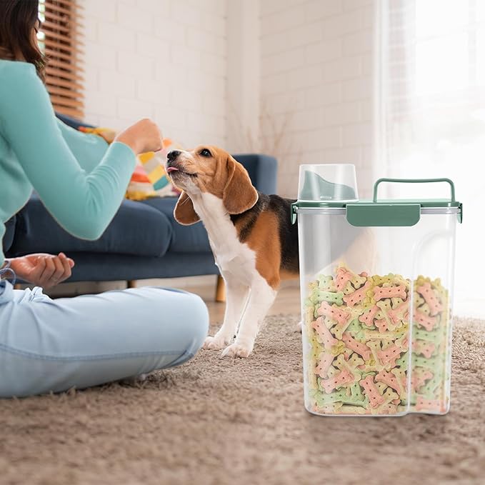 Dog Food Storage Container, Upgraded Large Nozzle BPA-free, 3-5 LBS Plastic Pet Food Storage Containers, With 4 Sealed Clasps, 1 Measuring Cup and Handle (Green+Dark Green)