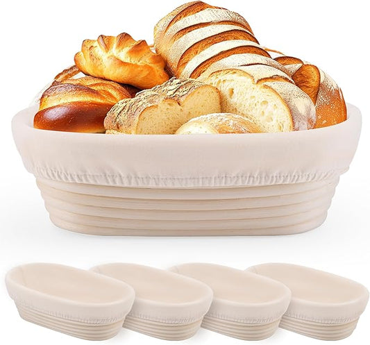 10 Inch Bread Banneton Proofing Basket Set of 4 Oval Sourdough Bread Baking Supplies Rattan Banneton Dough Proofing Bowls with Liners Sourdough Starter Kit for Home Dough Making and Baking