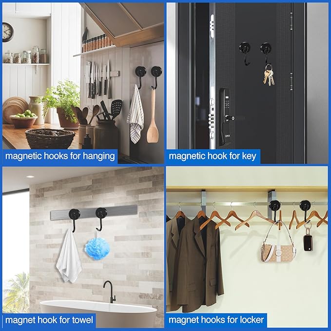 LOVIMAG Hooks, 80lbs+ Magnetic Magnet Hook 2025 Cruise Cabin Ship Essentials Heavy Duty Strong Refrigerator Fridge Hanging for Classroom Beach Vacation Kitchen Grills Home Mug Hanger (6 Pack), Black