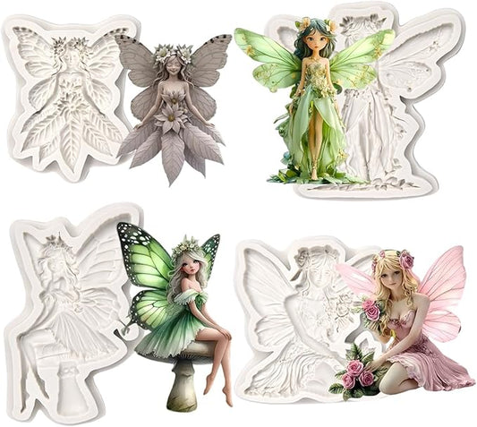 (Four-piece set) Silicone mold of winged girl with spread wings, DIY silicone mold, cake chocolate mold, wedding cake decoration tool, soft candy mold