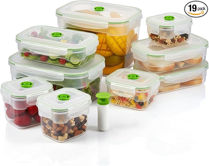 19 piece Vacuum Seal Food Storage Containers with Vacuum Pump, Airtight and Leak Proof, Vacuum Sealed Food Storage Containers, Meal Prep Containers, Keep Food Fresh up to 5 X Longer