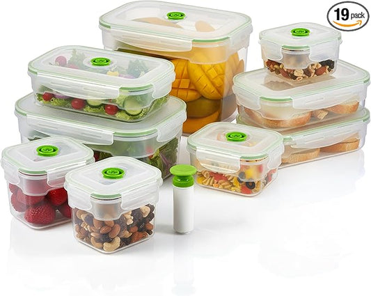 19 piece Vacuum Seal Food Storage Containers with Vacuum Pump, Airtight and Leak Proof, Vacuum Sealed Food Storage Containers, Meal Prep Containers, Keep Food Fresh up to 5 X Longer