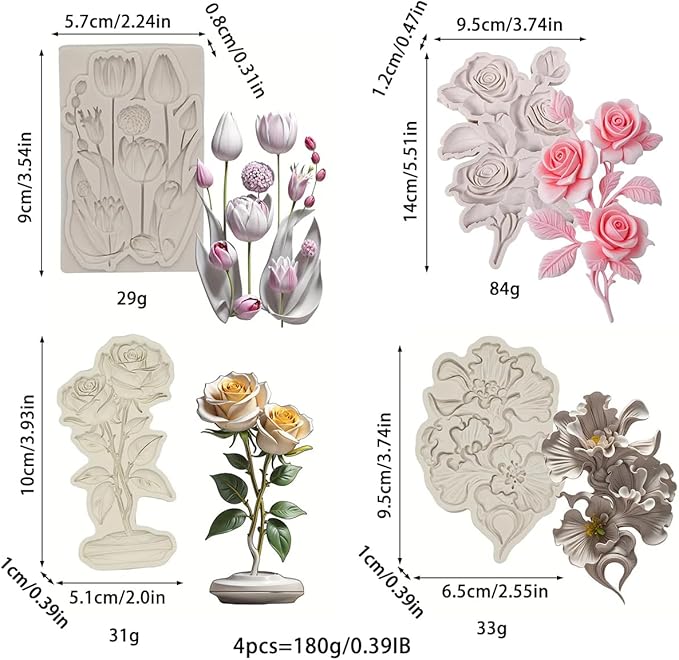 (Four-piece set) Tulip Rose Silicone Mold Cake Chocolate Mold Wedding Cake Decoration Tool Soft Candy Cake Mold
