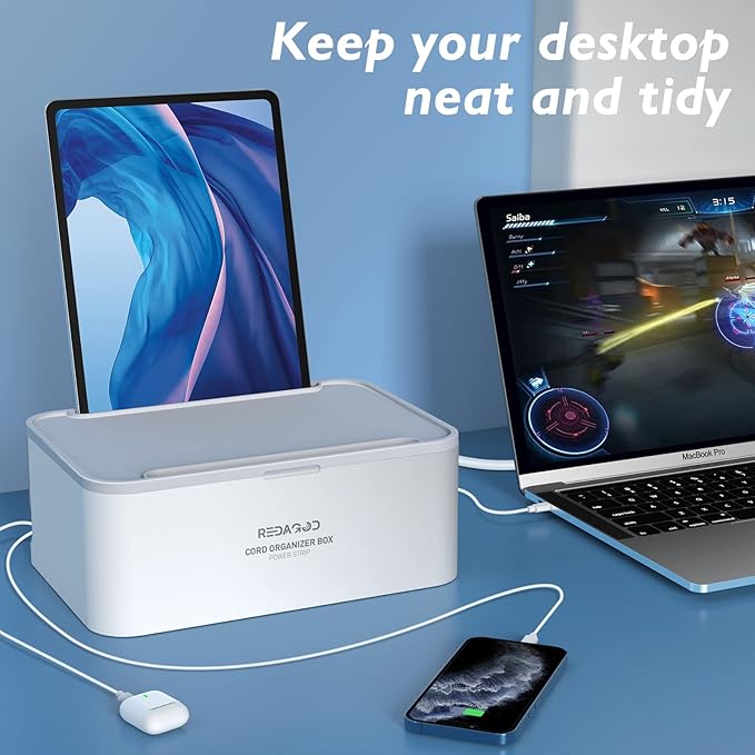 Power Strip with Cable Management Box, Redagod Surge Protector 8 Outlets and 3 USB Ports with Switch Control, 6.6 ft Flat Plug Extension Cord, Organizer Charging Station for Kitchen, Dorm, Office,Home