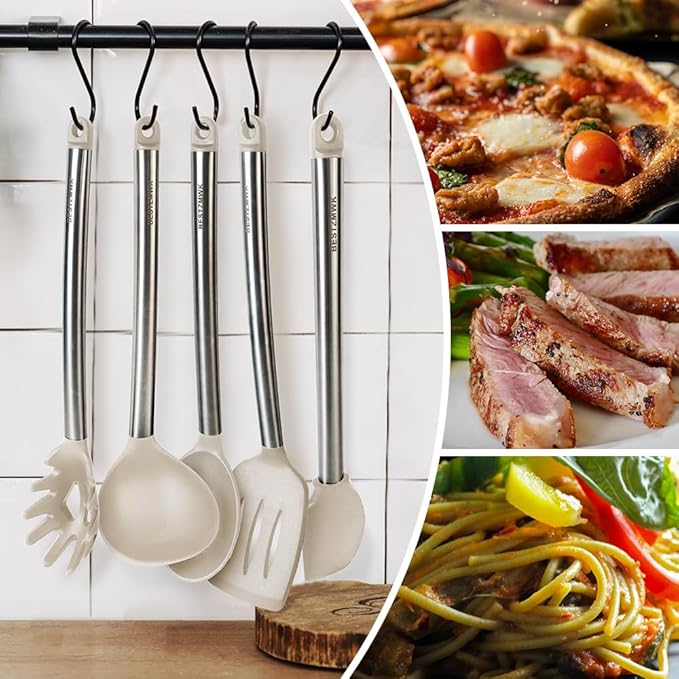 Kitchen Utensil Set-Silicone Cooking Utensils-33 Kitchen Gadgets & Spoons for Nonstick Cookware-Silicone and Stainless Steel Spatula Set-Best Kitchen Tools, Useful Pots (Khaki)