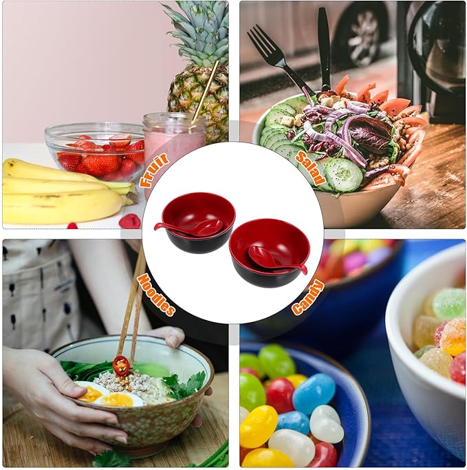Practical Melamine Ramen Bowls with Spoons Black Red Soup and Rice Bowls Non-absorbent Asian Noodle Dinnerware for Hot Food Easy to Clean Kitchen Container Kit