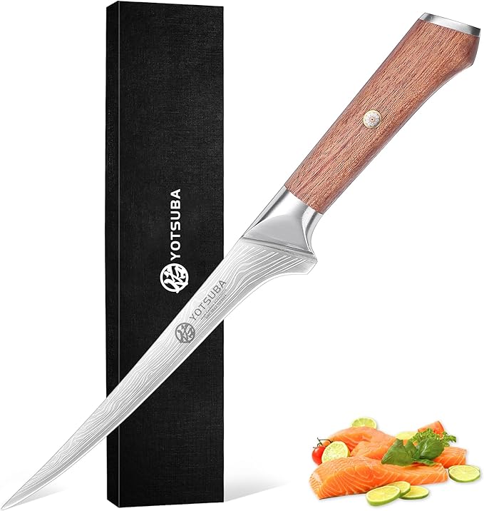 YOTSUBA Fillet Knife, 7 Inch Fish Knives for Filleting, Razor Sharp High Carbon Steel Boning Knife with Ergonomic Rosewood Handle, Professional Fish Knives for Meat with Gift Box