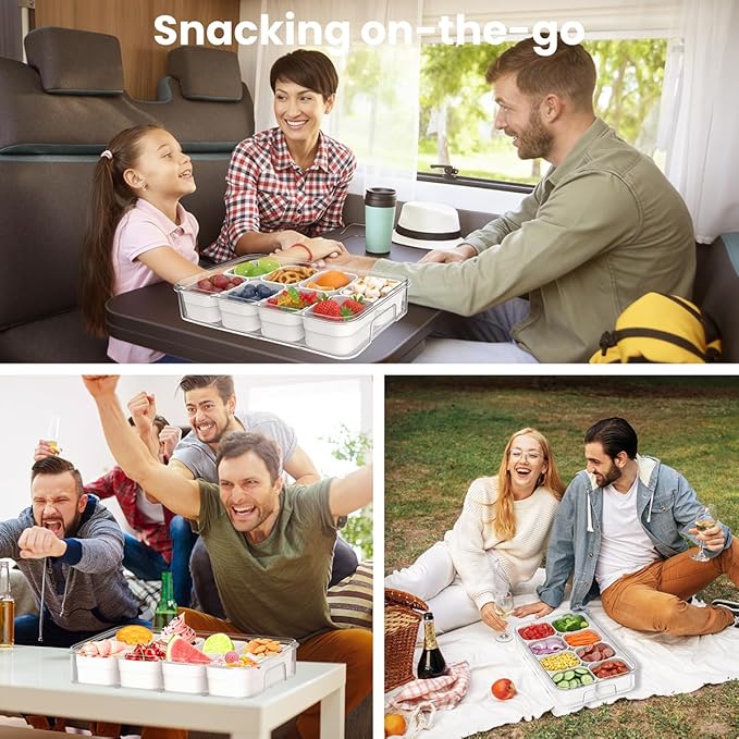 Snackle Box Container 12 Compartments, 2pack Box Characuterie Container with Compartments, Large Portable Divided Snack Serving Tray with Lid & Handle, Stackable Food Containers(White)