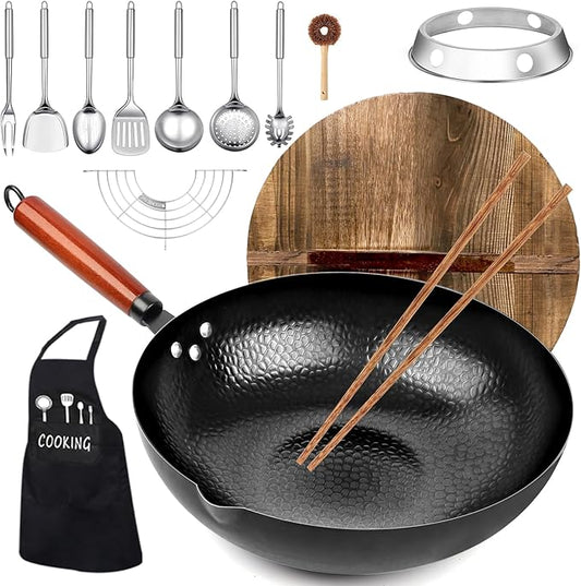 Carbon Steel Wok Pan, 14 Piece Woks & Stir-Fry Pans Set with Wooden Lid Cookwares, No Chemical Coated Flat Bottom Chinese Pan for Induction, Electric, Gas, Halogen All Stoves - 12.6''